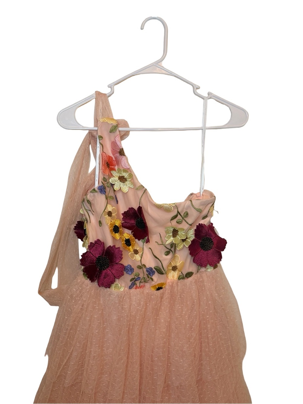 NWT Just Me Floral Embroidered One Shoulder Tiered Tulle Midi Blush Pink Dress M - Picture 6 of 7